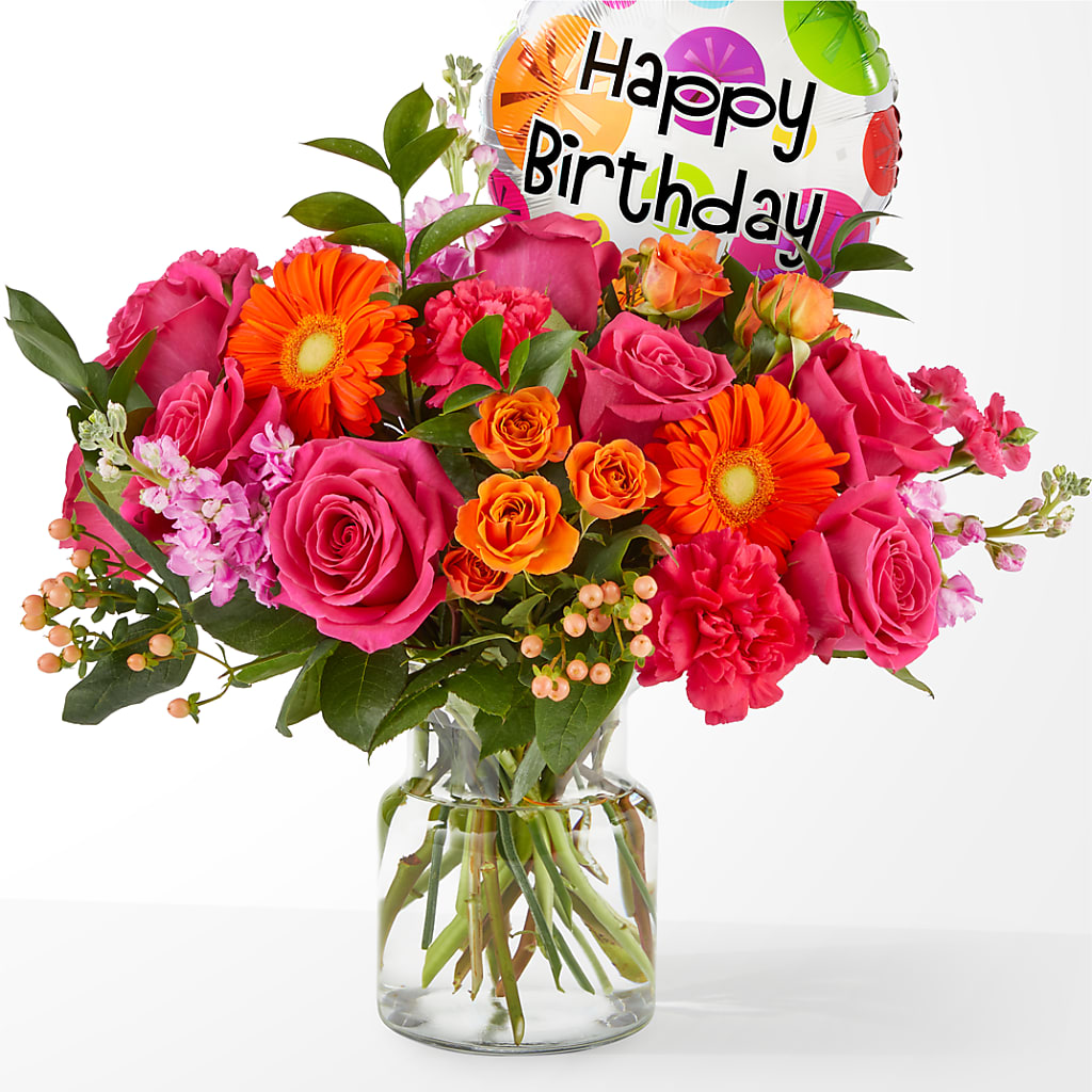 Fiesta Bouquet with Birthday Balloon – Flowers By Josie, Grayling MI