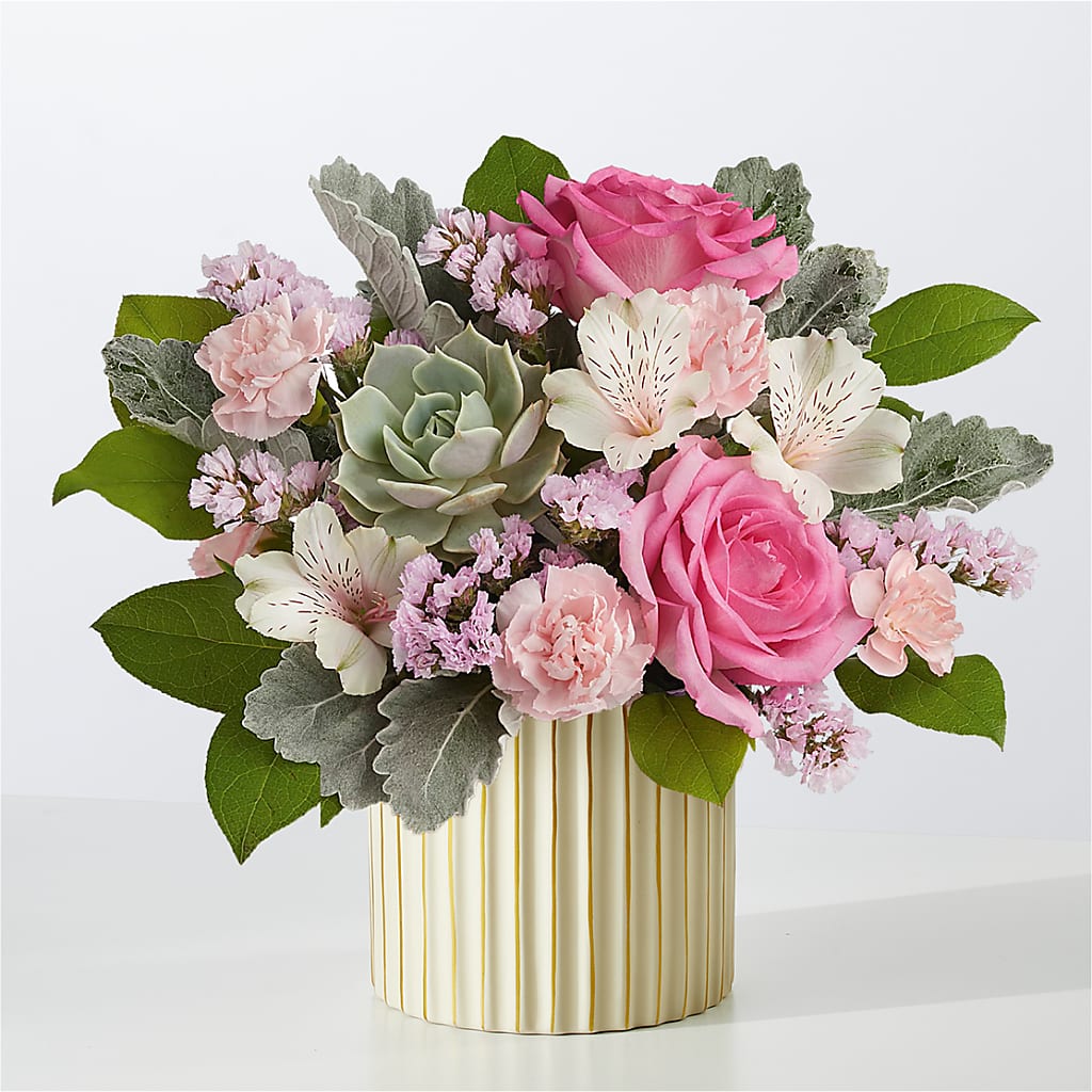 Dusty Rose Bouquet with Ivory Vase – Flowers By Josie, Grayling MI