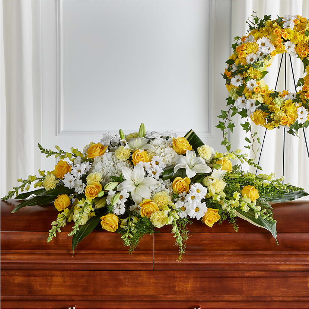 Golden Harmony Casket Spray – Flowers By Josie, Grayling MI
