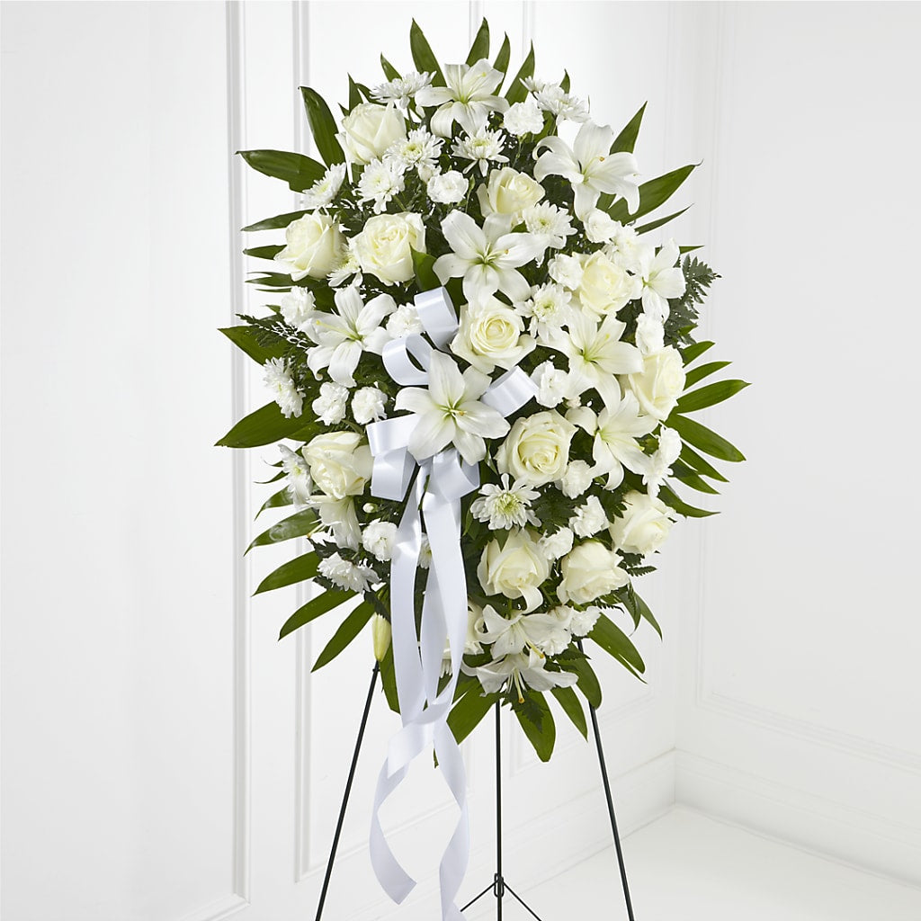 Exquisite Tribute Standing Spray-White Ribbon – Flowers By Josie, Grayling MI