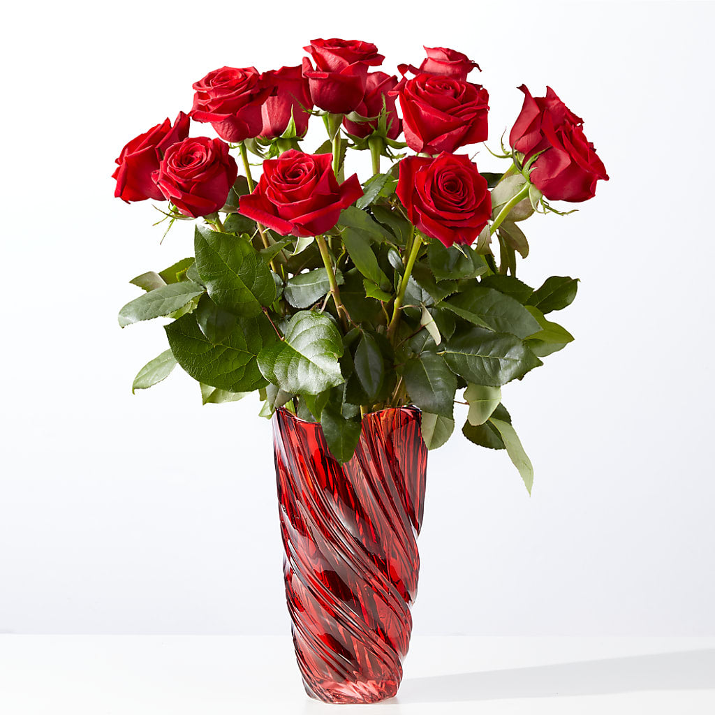 Classic Love Red Rose Bouquet with Luxe Swirl Vase – Flowers By Josie, Grayling MI