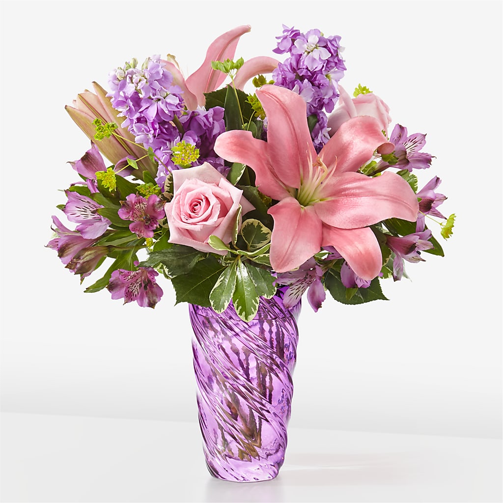 Precious Petals Bouquet with Luxe Swirl Vase – Flowers By Josie, Grayling MI